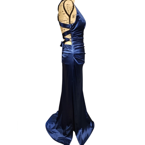 B. Darlin Marine Blue Satin Strappy Back Dress - Picture 6 of 10